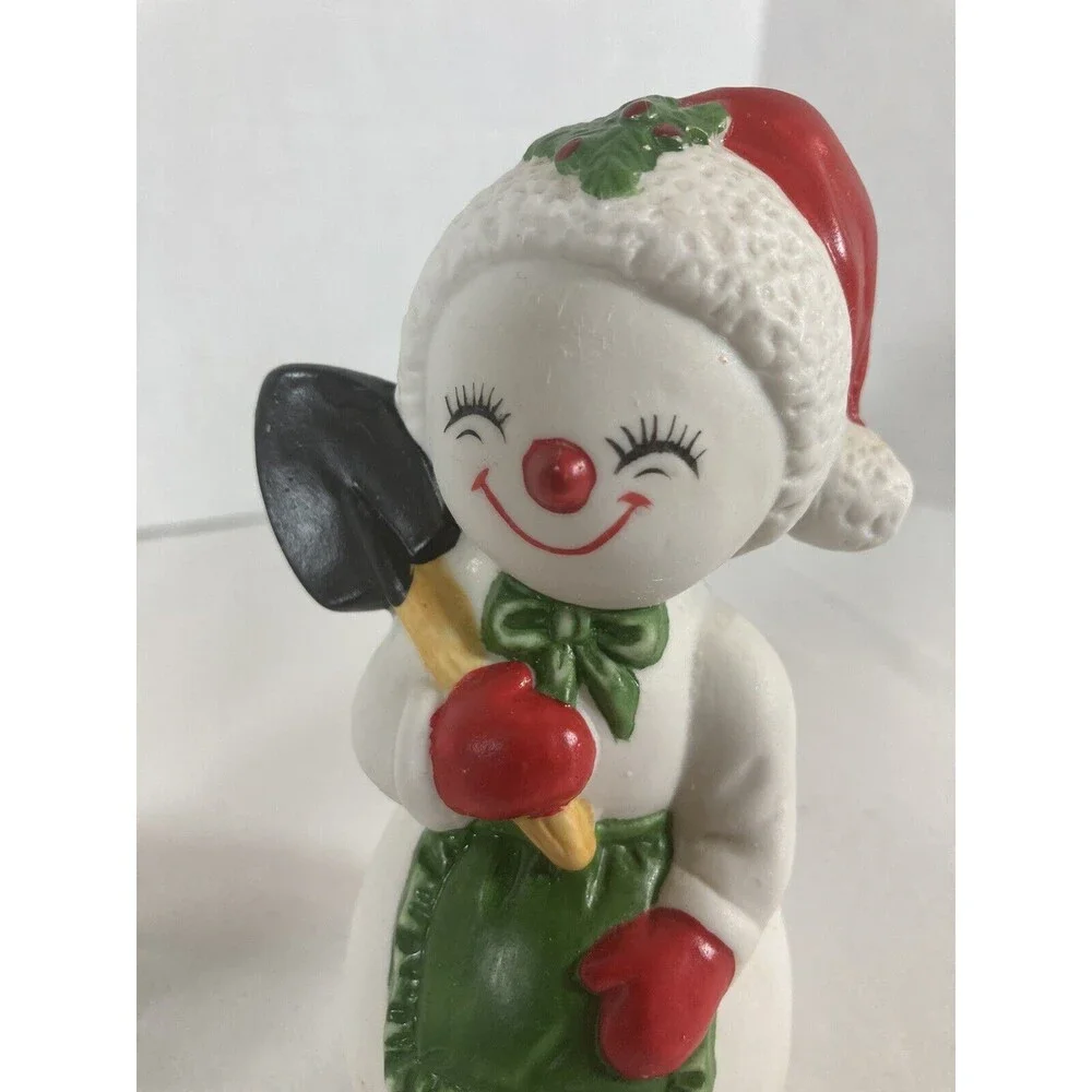 Porcelain Bisque Snowmen Set of 3 Shovel Stocking Candy Cane Vintage Taiwan Xmas